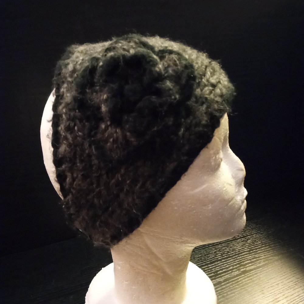 Grey Knit/Crochet Headband/Ear Warmer Flower Button Back One Size